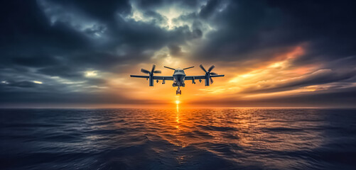 Unmanned military drone on patrol air territory at high altitude at sunset. UAV drone
