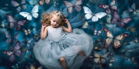 Sweet dreams. Cute girl sleeps and sees a magical dream with butterflies. Relaxation concept. fantasy background. digital ai art