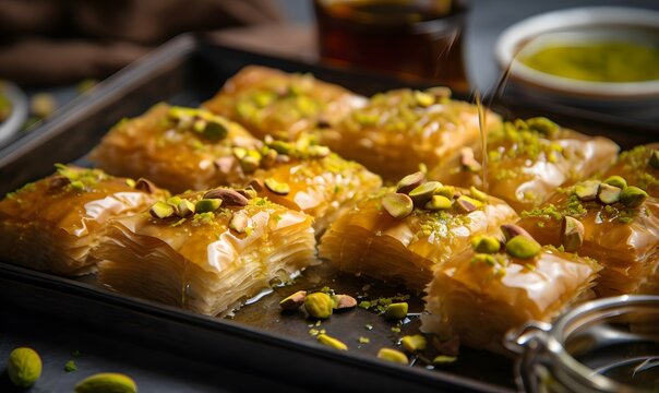 A tray of flaky baklava, filled with chopped pistachios and drizzled with sweet honey syrup