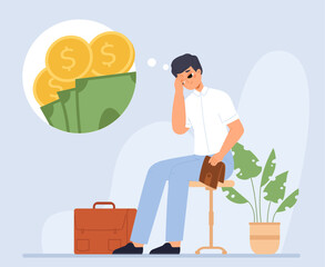 Fototapeta na wymiar Desperate office man and financial problem. Business loans, young adult businessman think about money with empty wallet, snugly cartoon vector character
