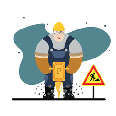 builder in a hard hat with a puncher near the roadworks sign