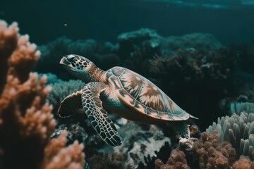 green sea turtle gracefully swimming among vibrant coral reef. Generative AI