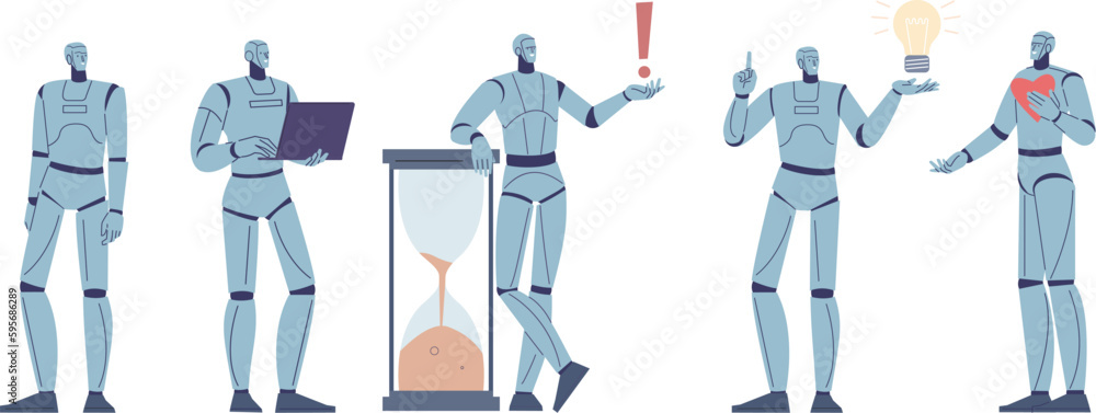 Poster flat isolated androids characters, robot with heart and laptop. digital future business or office wo