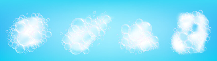 Clean white foam with transparent bubbles. Soap foams elements, shampoo or douche gel. Cleaning or washing symbols vector graphic set