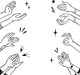 Doodle hands applause, fans or audience clapping. Abstract happy support, victory or winner vector background