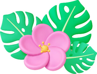 Exotic floral 3d elements. Flowers and tropical leaves. Decorative isolated botanical graphic, vector realistic pink flower. Hawaiian plant style