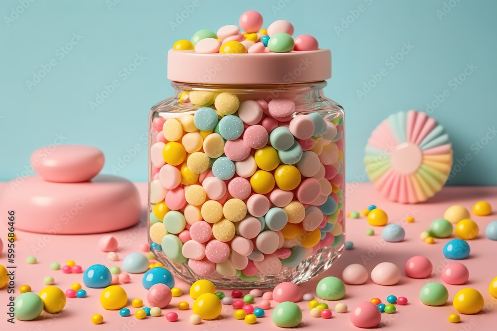 Poster perspective from the front candies of various colors on a background of pink sugar. generative ai