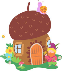 Mushroom house and dwarf, snail and bird. Cartoon magic childrens print, fantasy fairy tale forest vector composition