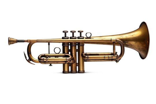 shiny brass trumpet on a plain white background. Generative AI