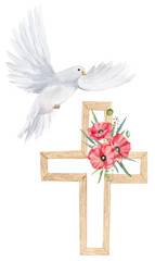 Watercolor illustration for Remembrance Day, Anzac Day. Hand drawn white dove with red poppy flower and wooden cross.