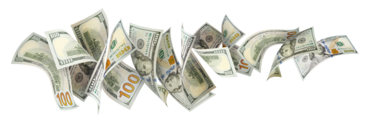 Flying 100 American dollars banknotes, cut out