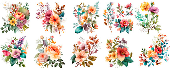Set of floral watercolor arrangements for greeting card, invitation design, paper craft, scrapbooking, junk journal, Generative AI  - obrazy, fototapety, plakaty