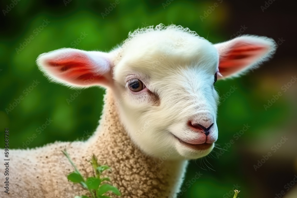 Poster close-up view of a fluffy sheep with a blurred background. generative ai