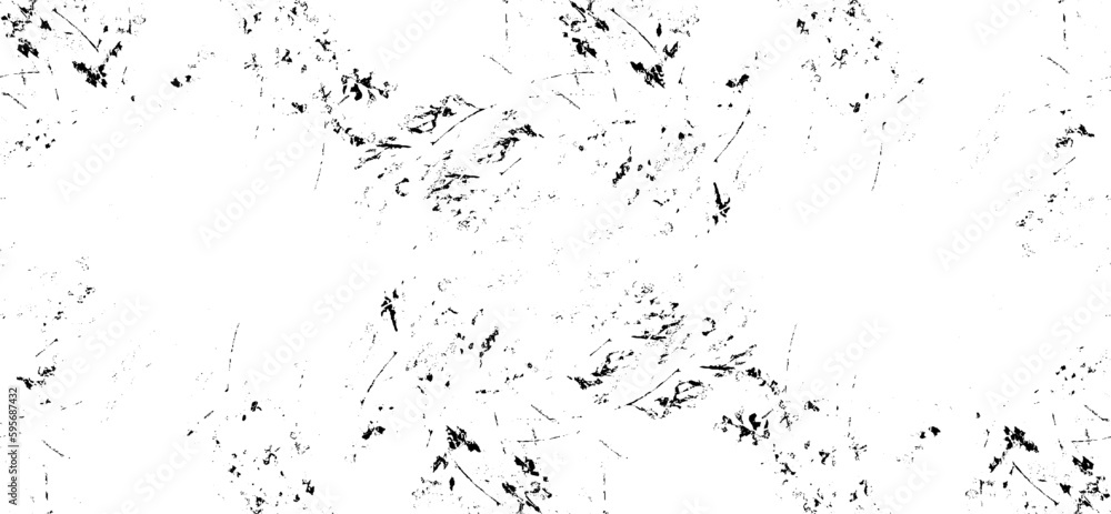 Poster Monochrome texture composed of irregular graphic elements. Distressed uneven grunge background. Abstract vector illustration. Overlay for interesting effect and depth. Isolated on white background.