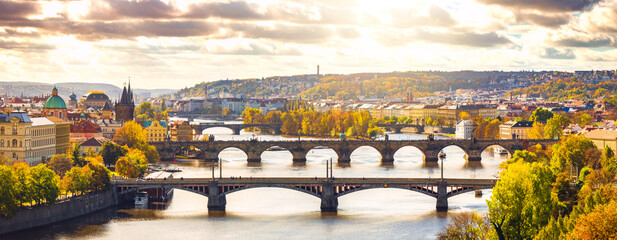 Charles Bridge and Others Spanning the Vltava River in Prague Connecting New Town to Old Town, a City Full of Greenery and Historical Monuments