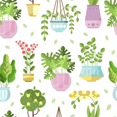 Houseplant in Ceramic Pots Growing Indoors Vector Seamless Pattern Template