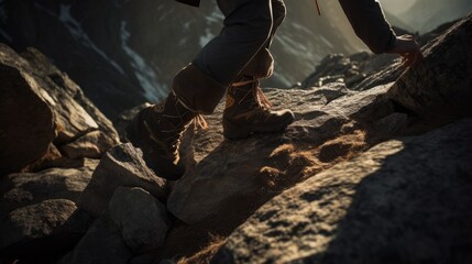  A Close-Up of Hiking Boots on a Mountain Summit. Generative AI.