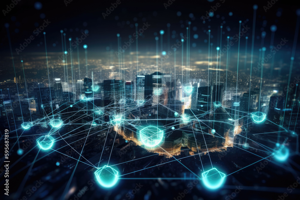 Poster smart city and abstract communication network concept, big data dot point connection technology conc