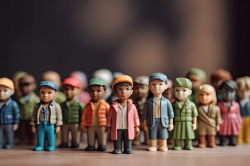 Obraz premium Miniature people figurines of international crowd of kids of different nationalities and religions together, freedom, created with Generative AI.