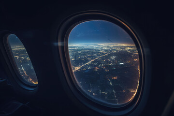 View of the night city from the airplane window. Night cityscape. Travel and tourism concept. Generative AI