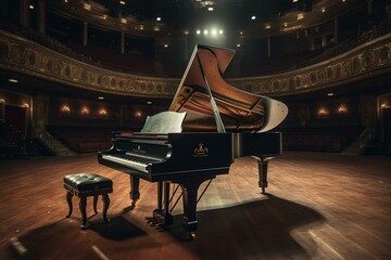 A stage with a grand piano on it. Generative AI