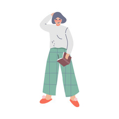 Woman in comfy home clothes standing with book . Girl in cozy outfit or nightwear cartoon vector illustration