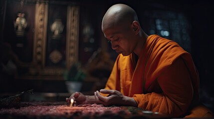 A Buddhist monk praying.Generative AI - obrazy, fototapety, plakaty