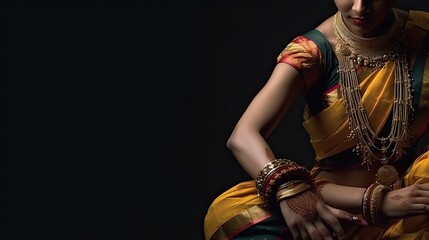 Fototapeta na wymiar A women perfom the Bharatanatya Indian dance in tradtional clothing. Generative AI