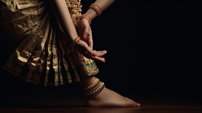 A women perfom the Bharatanatya Indian dance in tradtional clothing. Generative AI
