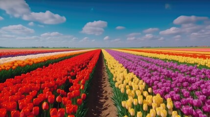 A Dutch tulip festival with fields of colorful tulips. Generative AI