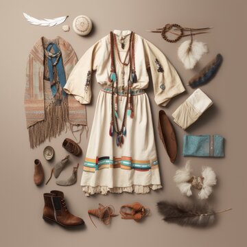 A flat layout design of Contemporary Native American fashion. Generative AI