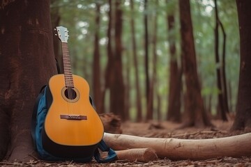 illustration, backpack and guitar in the forest, generative ai
