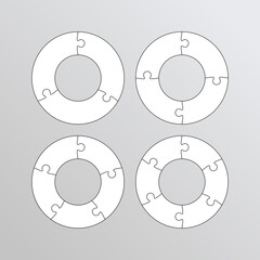 Set of ring puzzle grids. Scheme for thinking game. Frame tiles. Circular mosaic background. Jigsaw details with 3, 4, 5, 6 pieces. Cutting templates collection with details. Vector illustration