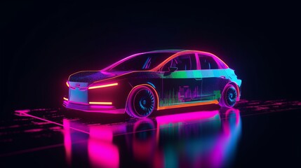 Plakat Neon glowing car in black background. AI generated
