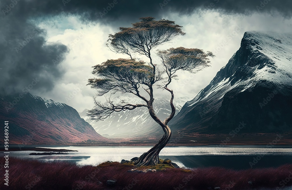 Poster a gloomy day in the woods, complete with mountains and trees generative ai