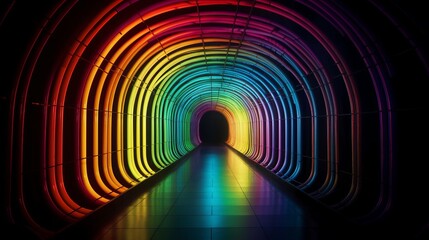 Dark tunnel of rainbow colors. Al generated