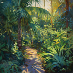 painting of a green tropical forest with trees