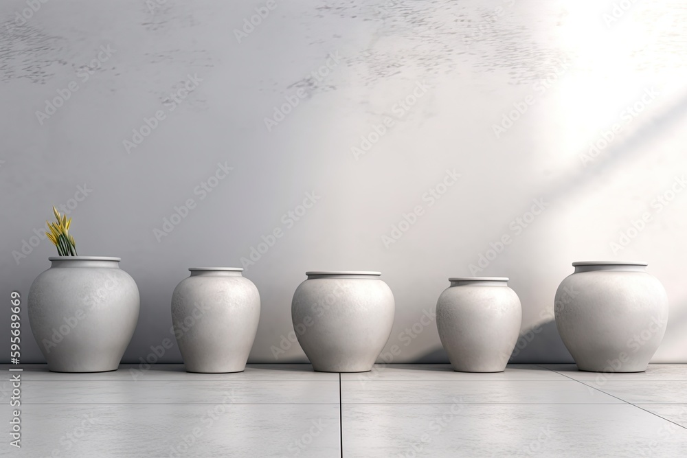 Poster row of white vases on a tiled floor. generative ai