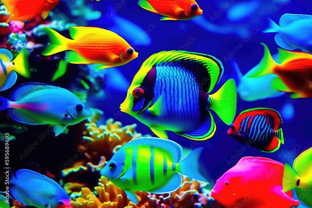 Poster vibrant school of fish swimming in an aquarium. generative ai