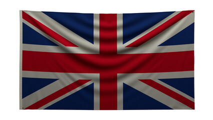 Textured flag. The flag of of Great Britain hangs on the wall. Texture of dense fabric. The flag is pinned to the wall. British flag on a transparent background. 3D render