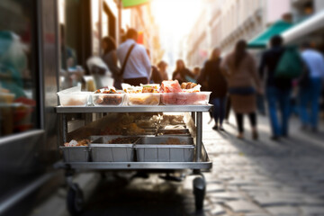 Fototapeta na wymiar food trolley, crowded street blurry background Generative AI