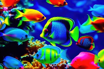 Naklejka na ściany i meble vibrant school of fish swimming in an aquarium. Generative AI