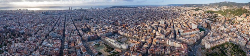 Aerial view of Barcelona in Spain on a sunny day in early spring.