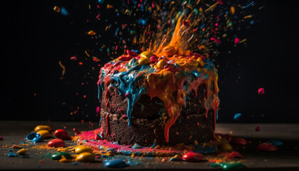 Birthday Cake Smash: Close-up of Exploding Cake and Flying Sprinkles with Bold Colors and Chaos. Joyful and Exciting Shot Lit by Studio Lights - Generative AI