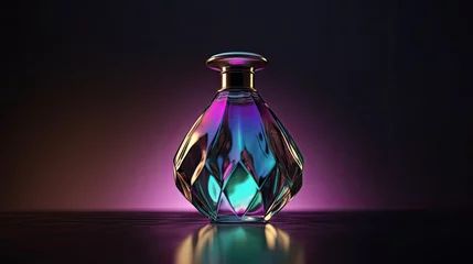 Foto op Plexiglas A minimalist and modern perfume bottle design. Bright purple background. Generative AI © Mockup Station