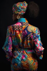 A model wearing a bold and colorful outfit with mixed printed traditional colors. Generative AI