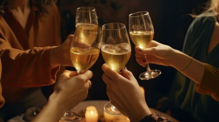 Friends clinking glasses of champagne. Generative AI