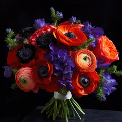 happy colorful bouquet of purple, orange ranunculus on black background, for wedding, bridal bouquet, festive , gift, for birthday, concept, florists, designers, interior, congratulations, gift