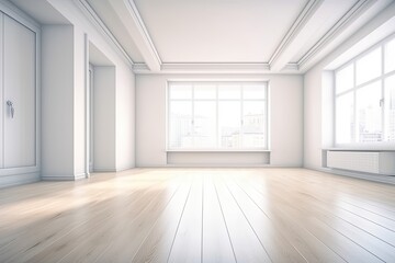 Obraz premium an empty room with white walls and wooden floors. Generative AI