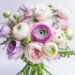 bouquet of pink,purple, lilac ranunculus on a white, light background, for wedding, bridal bouquet, festive , gift, for birthday, concept, for florists, designers, interior, congratulations, gift